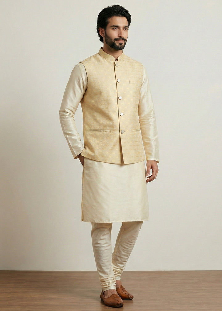 Gold Banarasi Dupion Kurta Pajama with Gold Jacquard Nehru Jacket