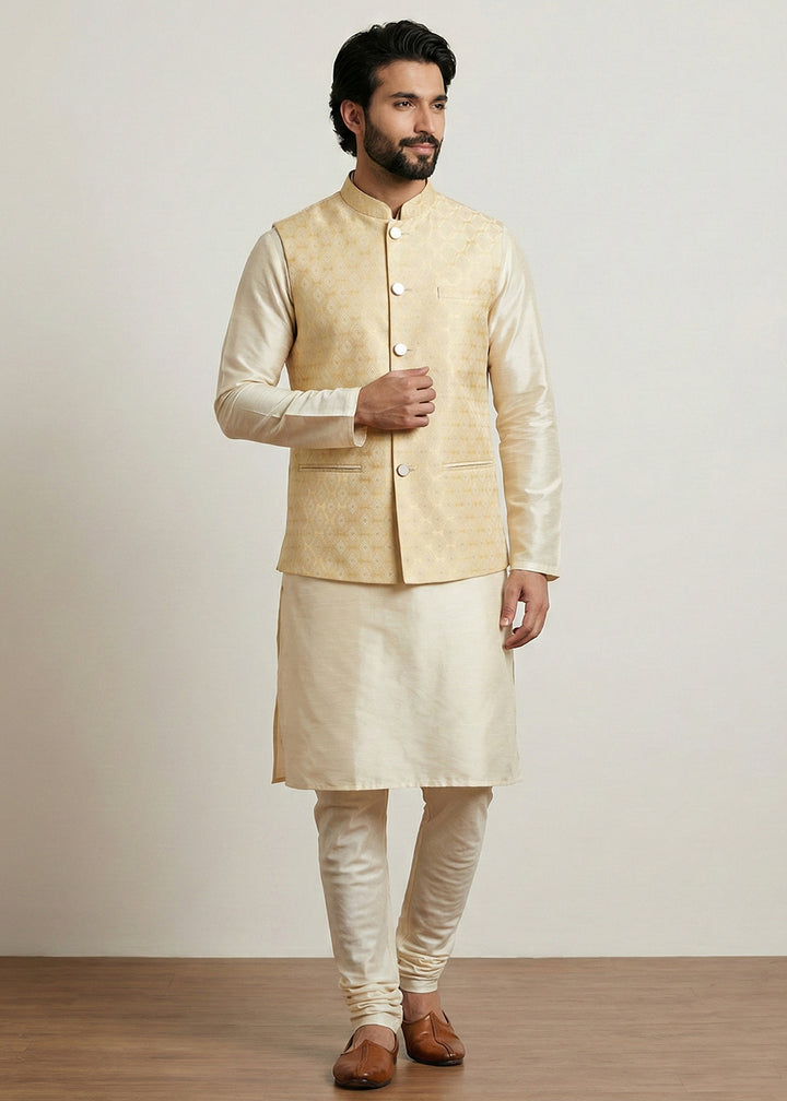 Gold Banarasi Dupion Kurta Pajama with Gold Jacquard Nehru Jacket