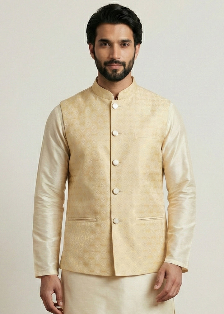 Gold Banarasi Dupion Kurta Pajama with Gold Jacquard Nehru Jacket