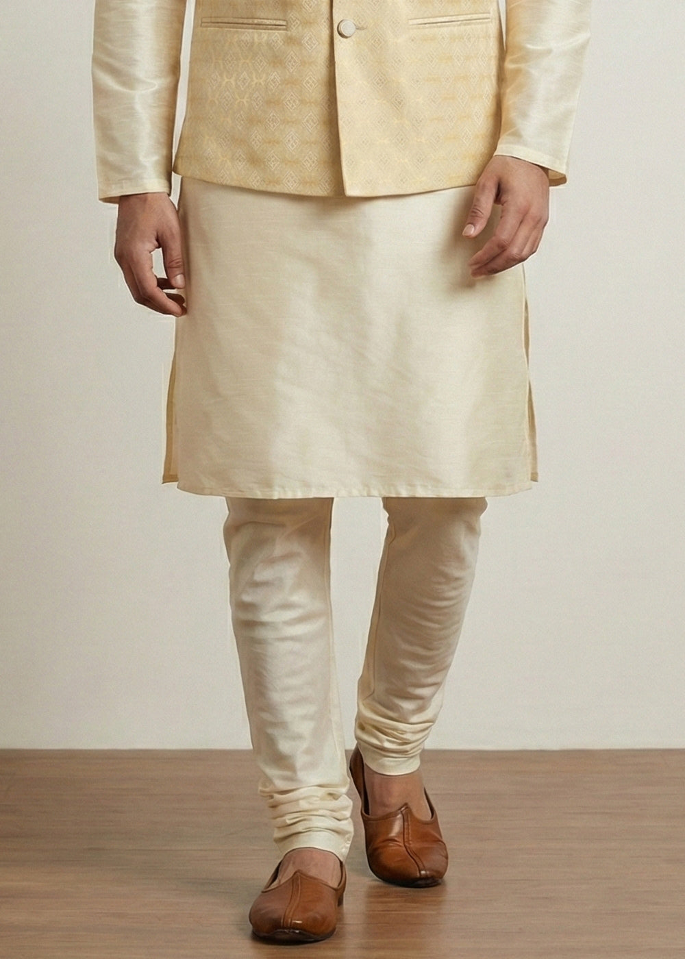 Gold Banarasi Dupion Kurta Pajama with Gold Jacquard Nehru Jacket