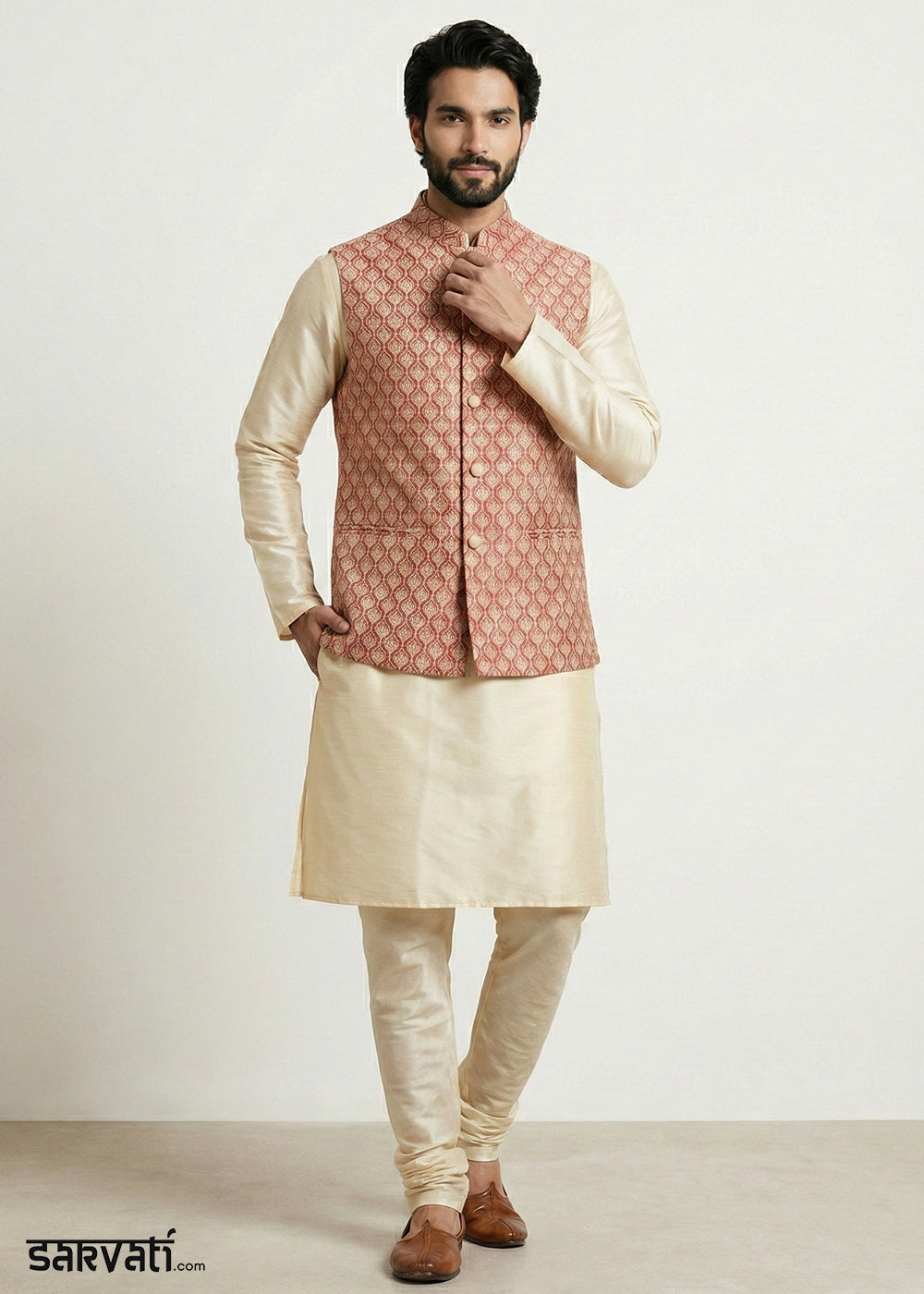 Gold Banarasi Dupion Kurta Pajama with Multicolor Jacquard Jacket