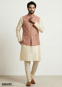 Gold Banarasi Dupion Kurta Pajama with Multicolor Jacquard Jacket