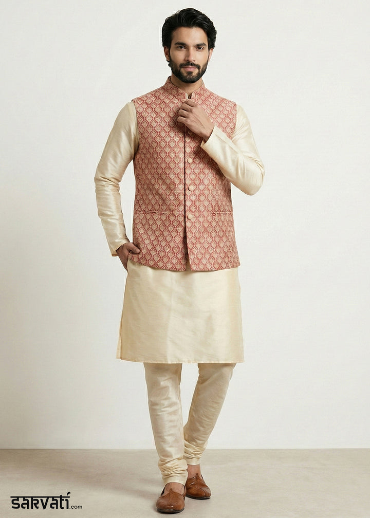 Gold Banarasi Dupion Kurta Pajama with Multicolor Jacquard Jacket