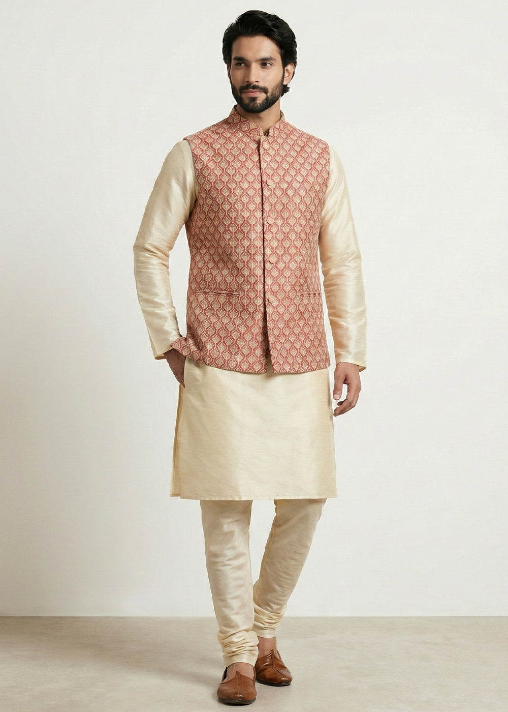 Gold Banarasi Dupion Kurta Pajama with Multicolor Jacquard Jacket