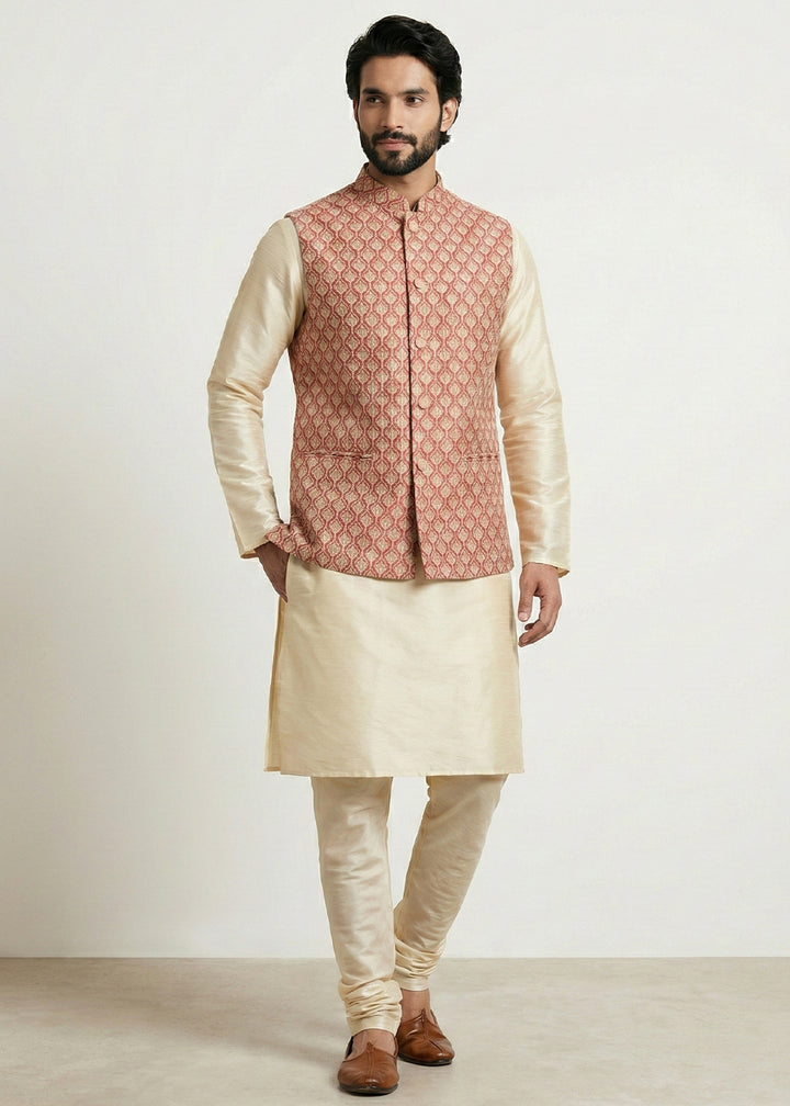 Gold Banarasi Dupion Kurta Pajama with Multicolor Jacquard Jacket