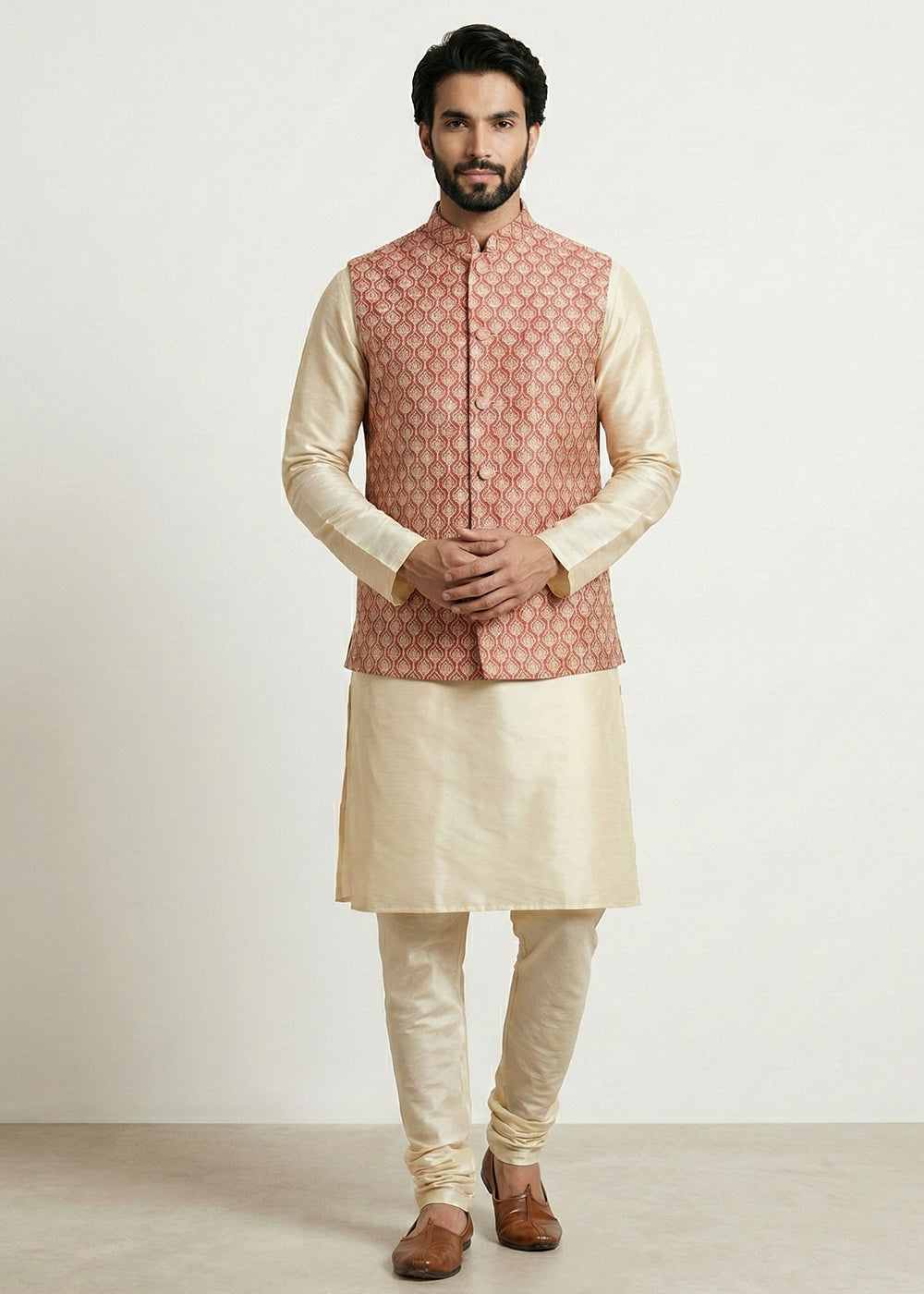 Gold Banarasi Dupion Kurta Pajama with Multicolor Jacquard Jacket