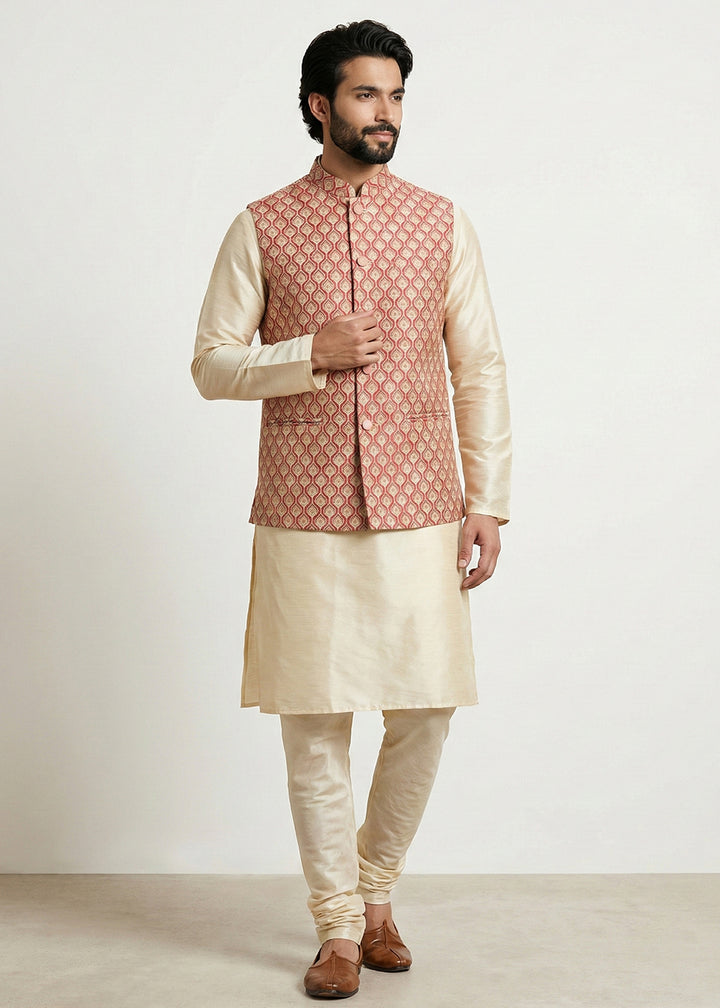 Gold Banarasi Dupion Kurta Pajama with Multicolor Jacquard Jacket