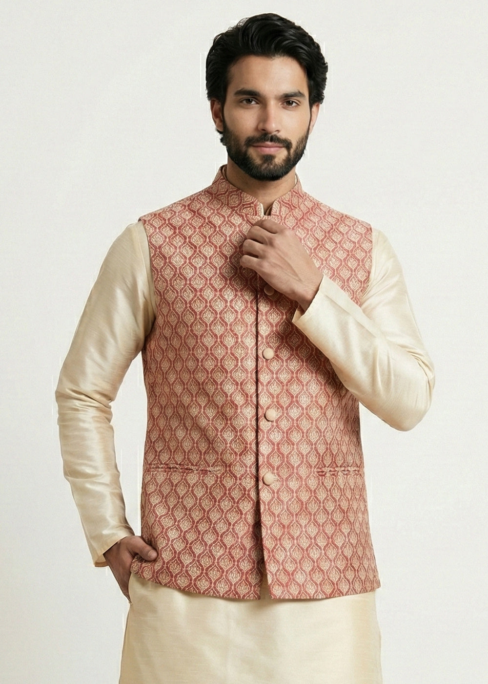 Gold Banarasi Dupion Kurta Pajama with Multicolor Jacquard Jacket
