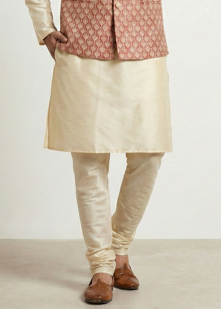 Gold Banarasi Dupion Kurta Pajama with Multicolor Jacquard Jacket