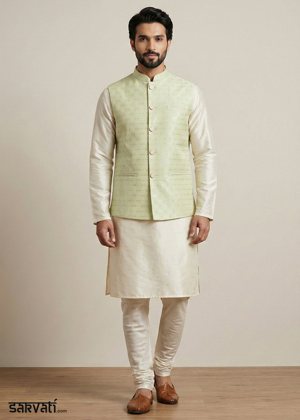 Cream Banarasi Dupion Kurta Pajama with Olive Jacquard Jacket
