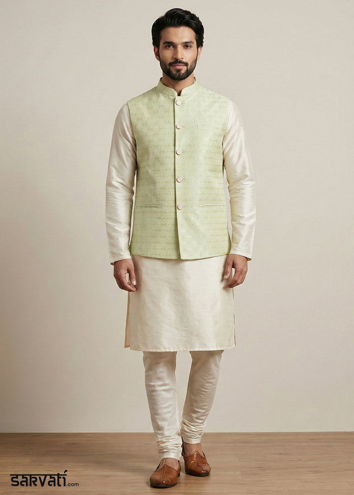 Cream Banarasi Dupion Kurta Pajama with Olive Jacquard Jacket