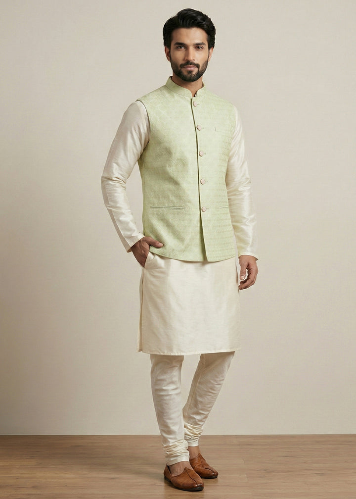 Cream Banarasi Dupion Kurta Pajama with Olive Jacquard Jacket