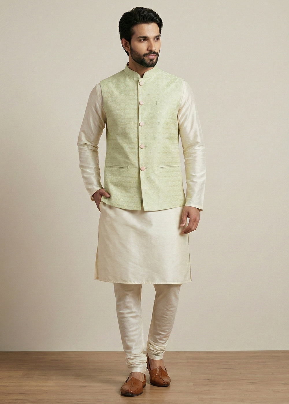 Cream Banarasi Dupion Kurta Pajama with Olive Jacquard Jacket