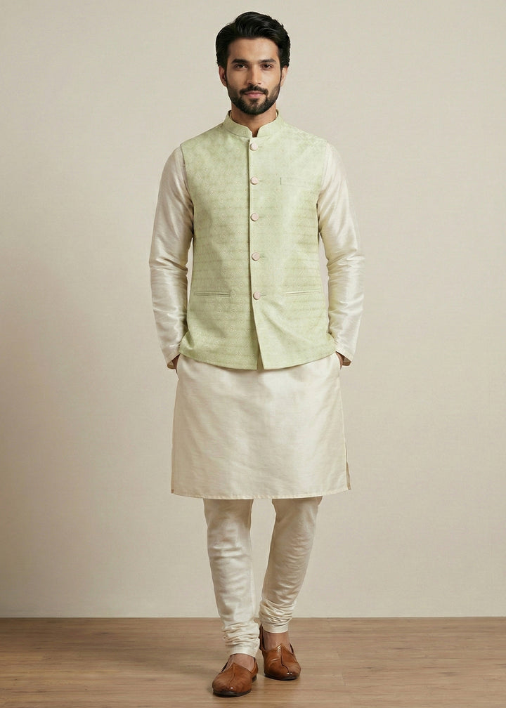 Cream Banarasi Dupion Kurta Pajama with Olive Jacquard Jacket