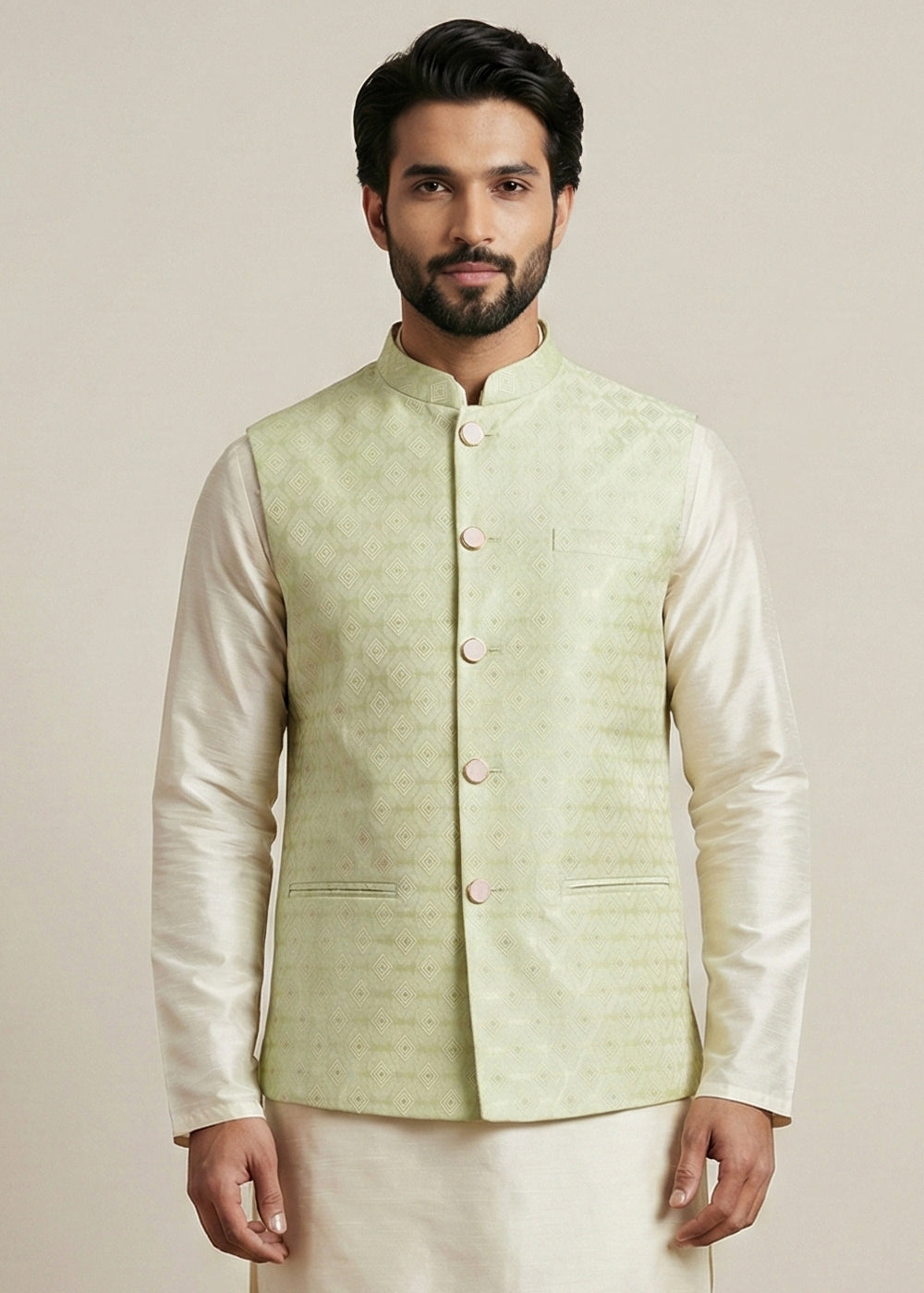 Cream Banarasi Dupion Kurta Pajama with Olive Jacquard Jacket