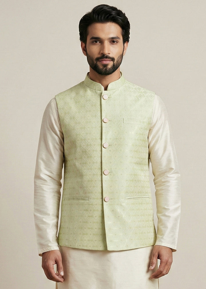 Cream Banarasi Dupion Kurta Pajama with Olive Jacquard Jacket