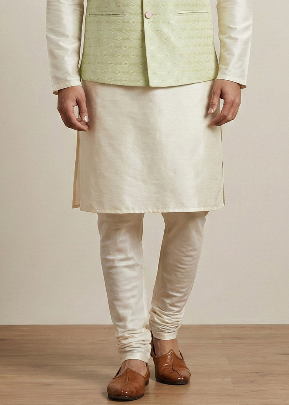 Cream Banarasi Dupion Kurta Pajama with Olive Jacquard Jacket