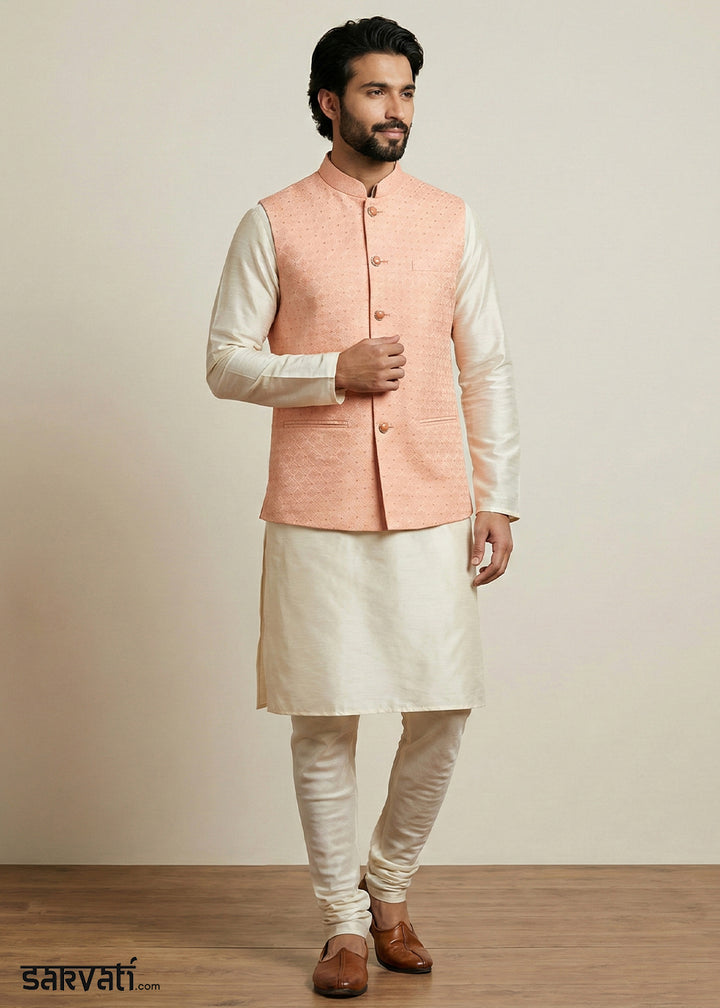 Cream Banarasi Dupion Kurta Pajama with Pink Jacquard Jacket