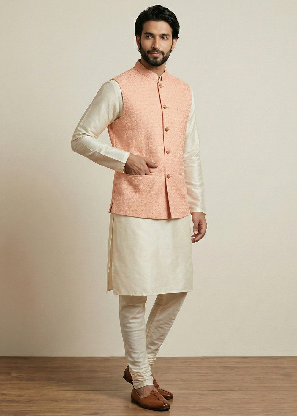 Cream Banarasi Dupion Kurta Pajama with Pink Jacquard Jacket