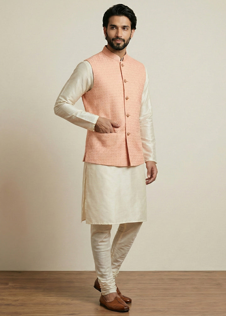 Cream Banarasi Dupion Kurta Pajama with Pink Jacquard Jacket
