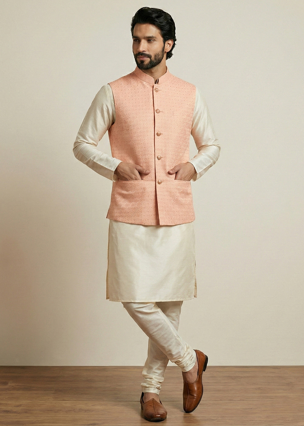Cream Banarasi Dupion Kurta Pajama with Pink Jacquard Jacket