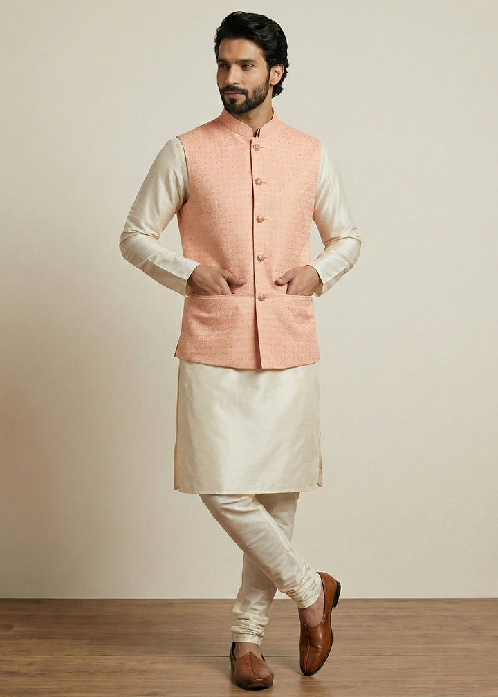 Cream Banarasi Dupion Kurta Pajama with Pink Jacquard Jacket
