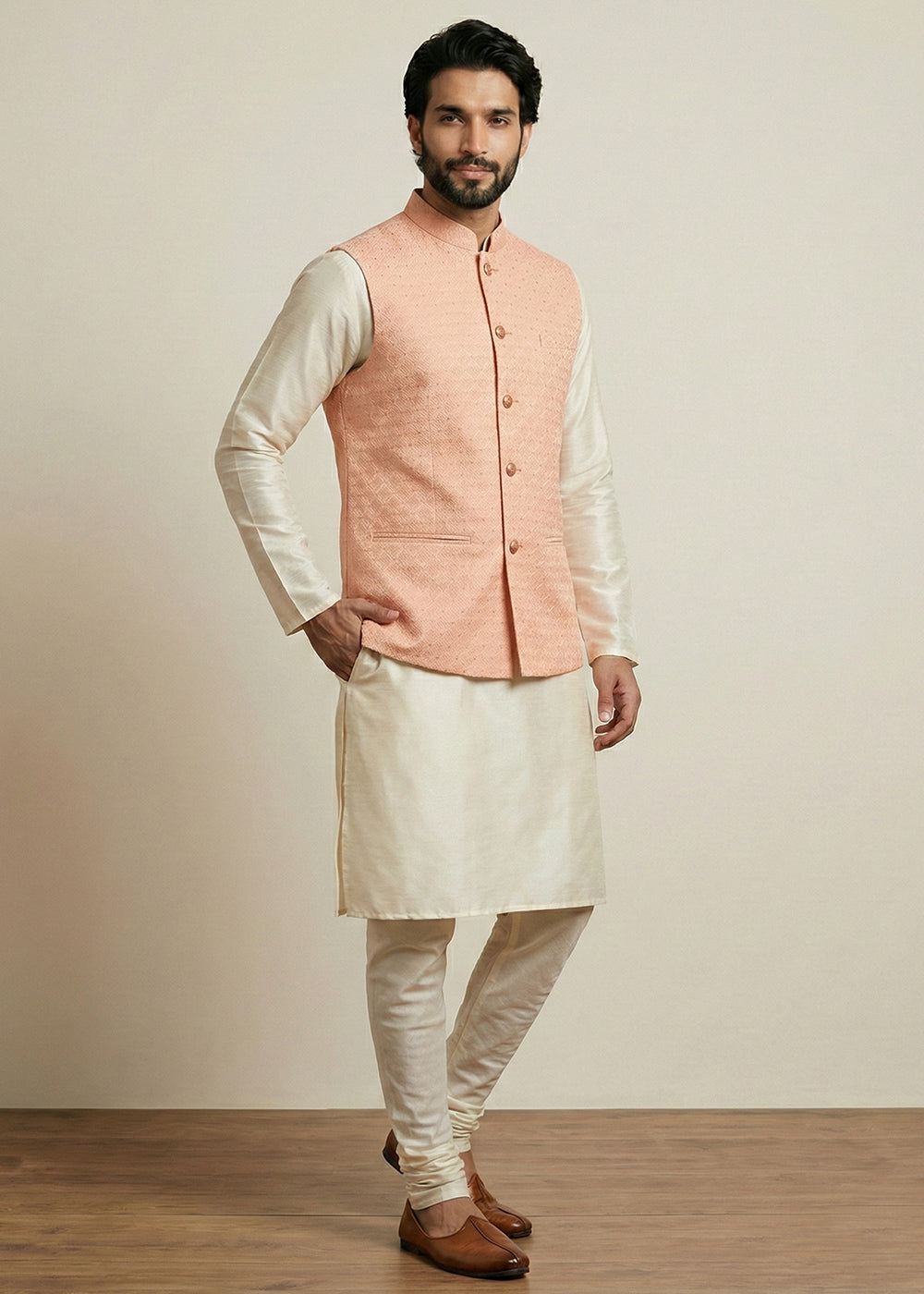 Cream Banarasi Dupion Kurta Pajama with Pink Jacquard Jacket