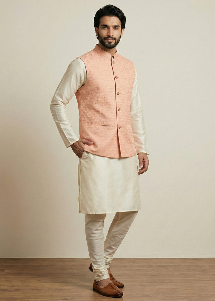 Cream Banarasi Dupion Kurta Pajama with Pink Jacquard Jacket