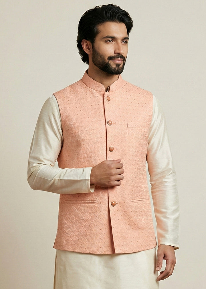 Cream Banarasi Dupion Kurta Pajama with Pink Jacquard Jacket