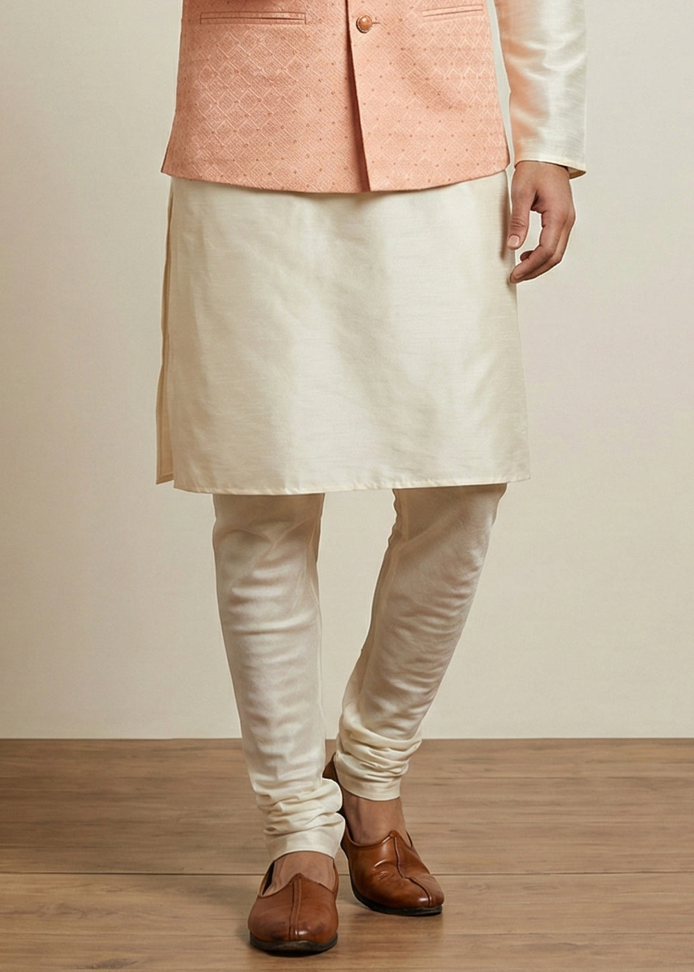 Cream Banarasi Dupion Kurta Pajama with Pink Jacquard Jacket