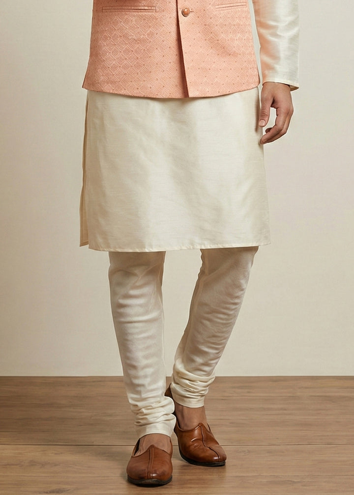 Cream Banarasi Dupion Kurta Pajama with Pink Jacquard Jacket