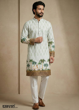 Ivory Green Cotton Palm Tree & Elephant Printed Kurta Pajama Set