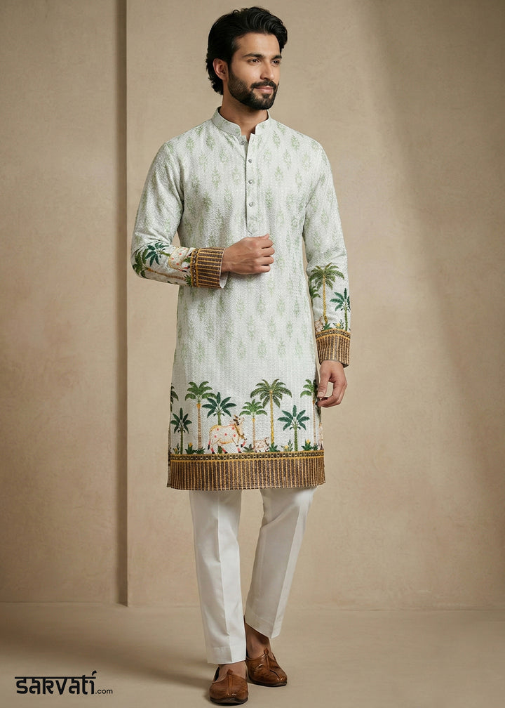 Ivory Green Cotton Palm Tree &amp; Elephant Printed Kurta Pajama Set