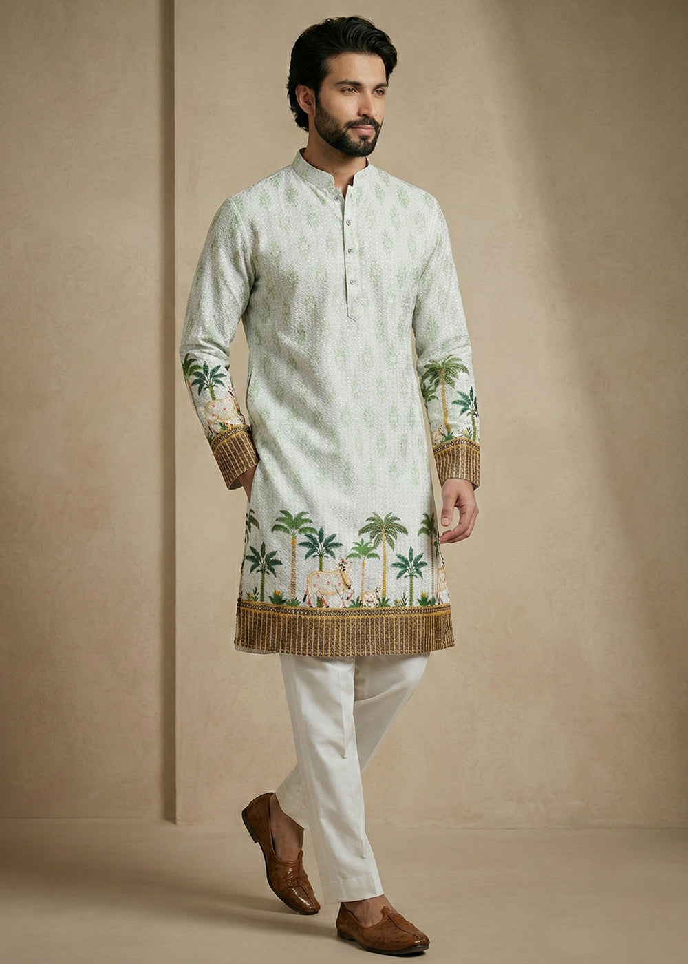 Ivory Green Cotton Palm Tree & Elephant Printed Kurta Pajama Set