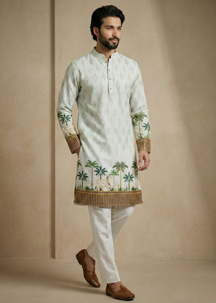 Ivory Green Cotton Palm Tree &amp; Elephant Printed Kurta Pajama Set