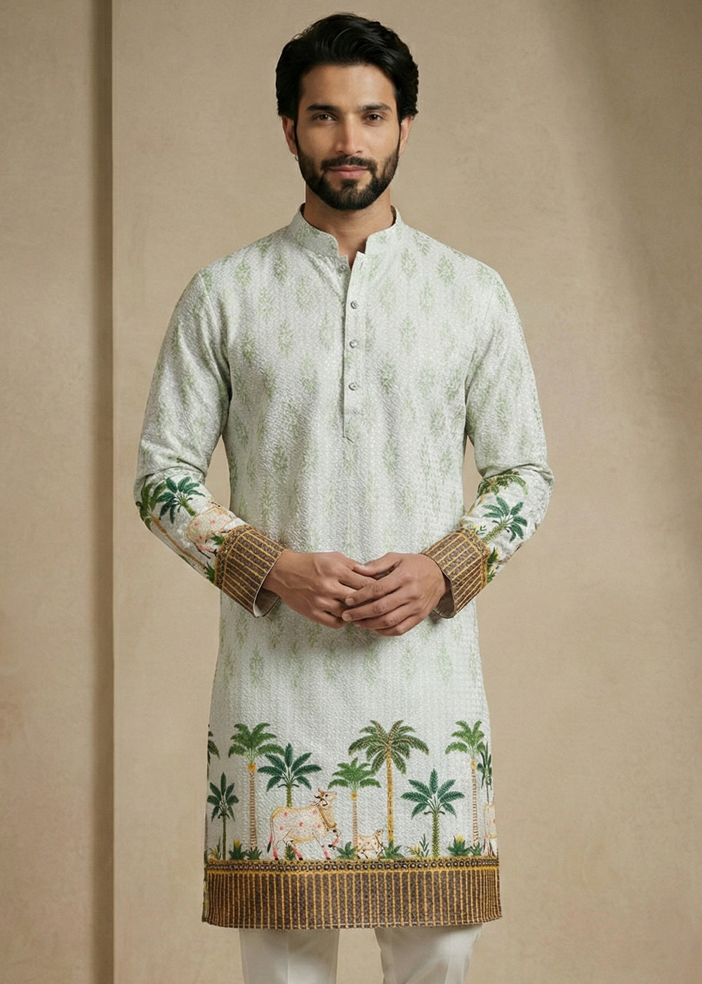 Ivory Green Cotton Palm Tree &amp; Elephant Printed Kurta Pajama Set