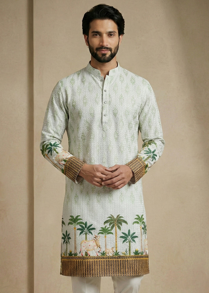 Ivory Green Cotton Palm Tree &amp; Elephant Printed Kurta Pajama Set