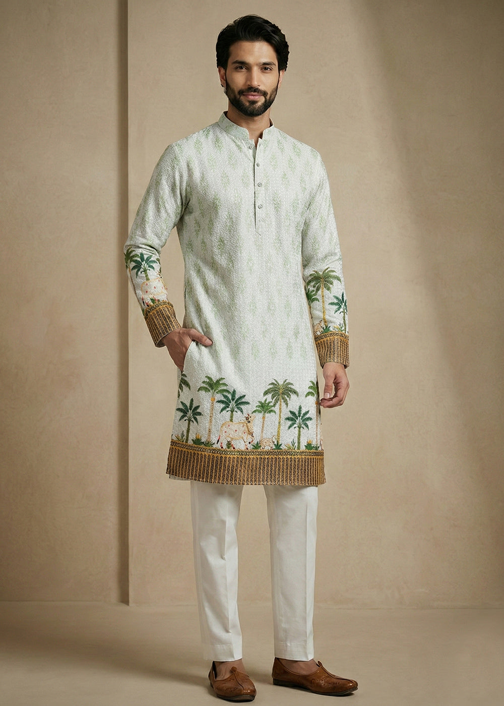 Ivory Green Cotton Palm Tree &amp; Elephant Printed Kurta Pajama Set