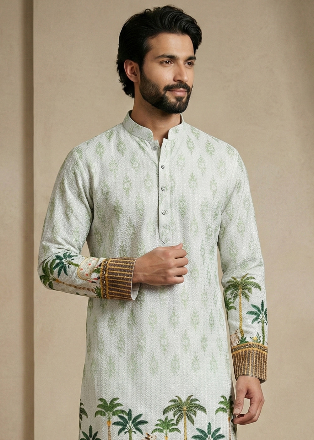 Ivory Green Cotton Palm Tree &amp; Elephant Printed Kurta Pajama Set