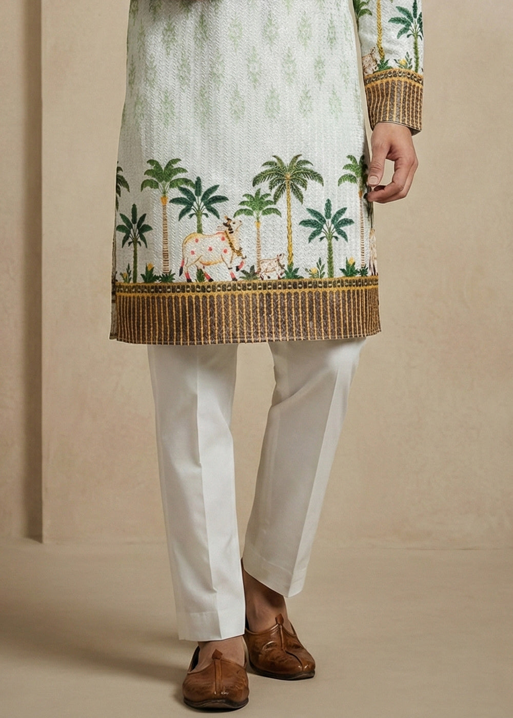 Ivory Green Cotton Palm Tree &amp; Elephant Printed Kurta Pajama Set