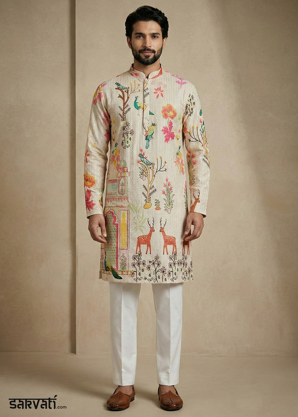 Light Brown cotton Printed Kurta Pajama Set