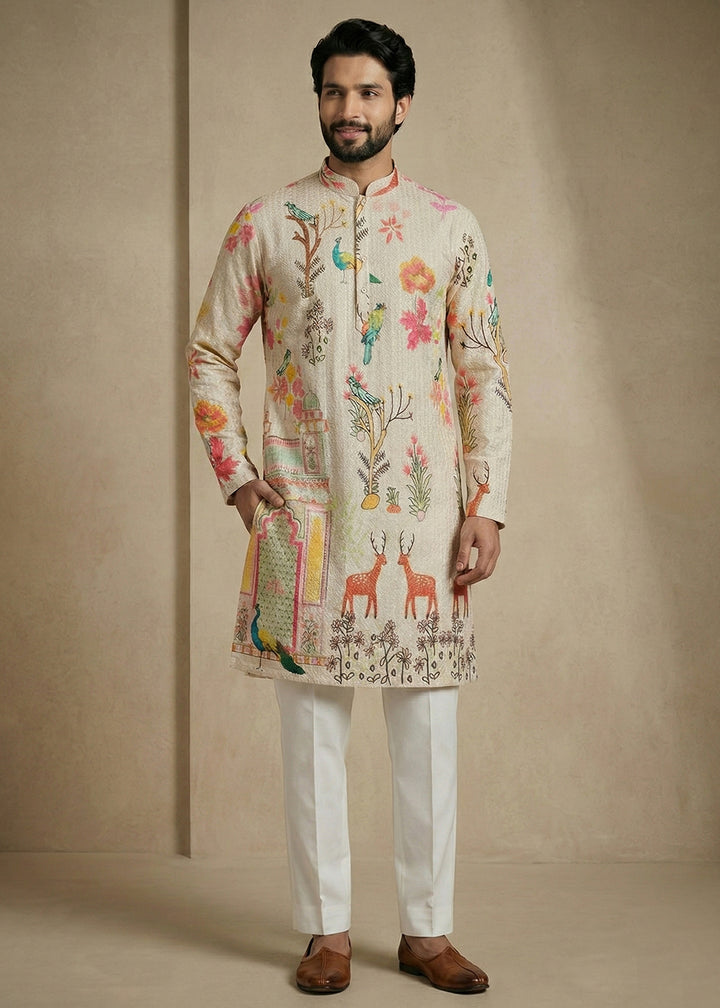Light Brown cotton Printed Kurta Pajama Set