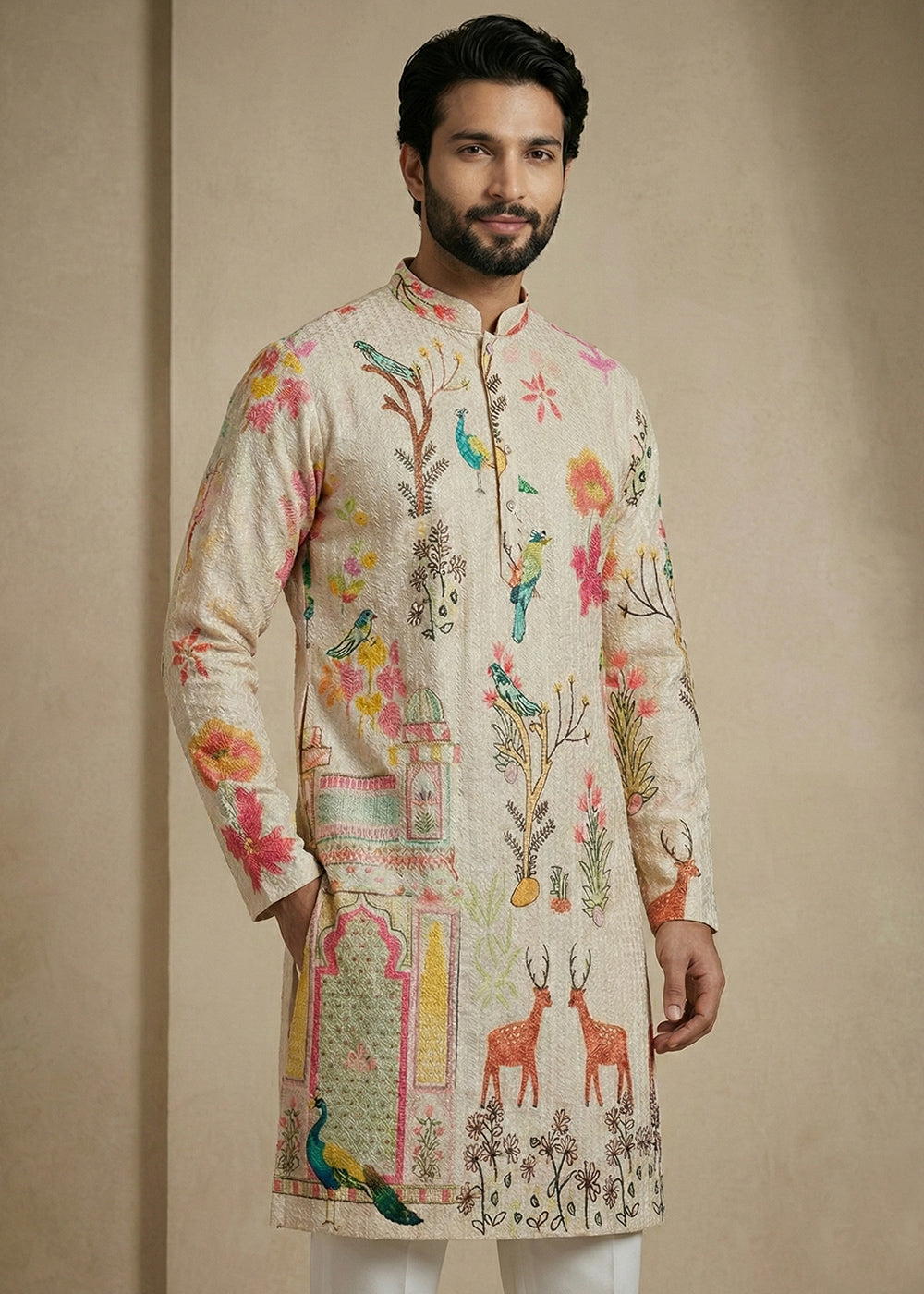 Light Brown cotton Printed Kurta Pajama Set