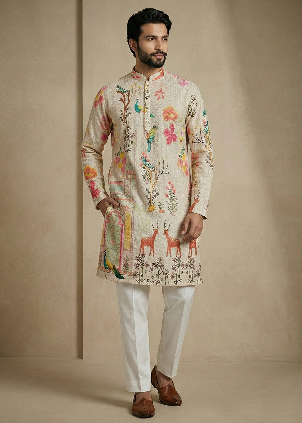 Light Brown cotton Printed Kurta Pajama Set