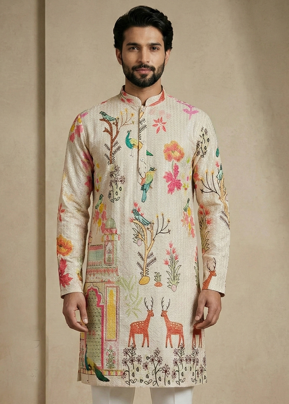 Light Brown cotton Printed Kurta Pajama Set