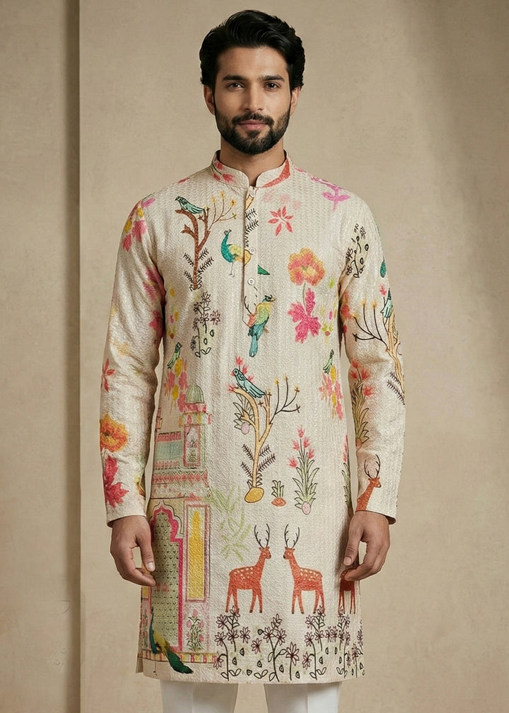 Light Brown cotton Printed Kurta Pajama Set