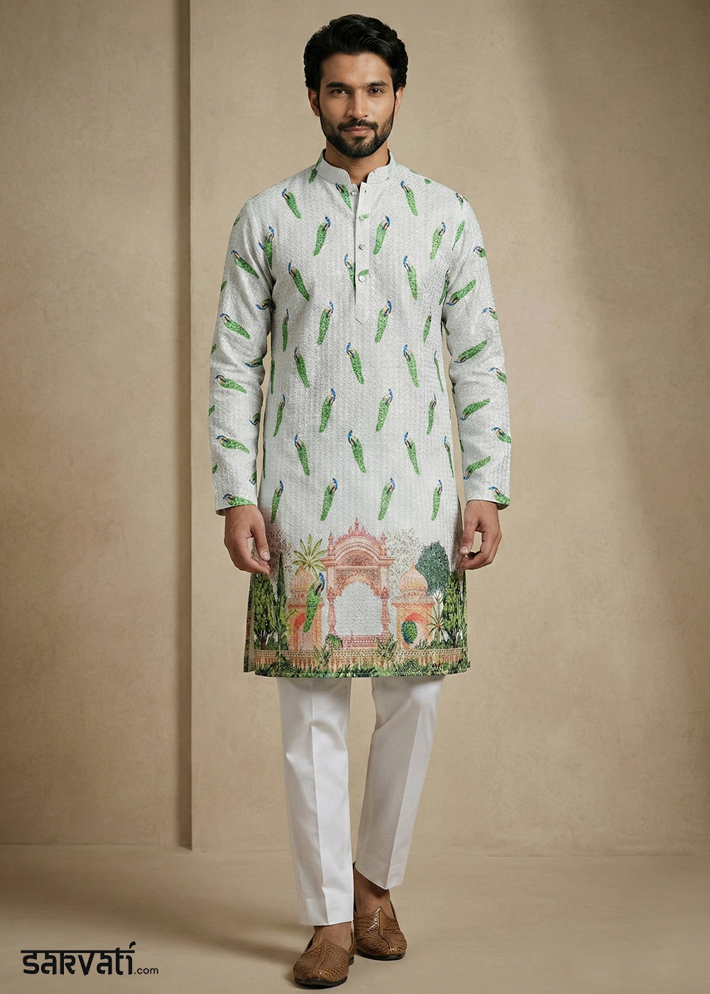 Grey &amp; Green cotton Printed Kurta Pajama Ensemble