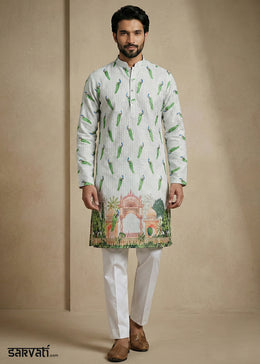 Grey & Green cotton Printed Kurta Pajama Ensemble