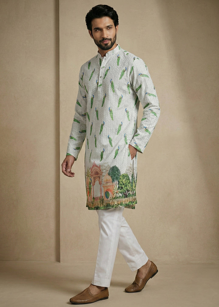 Grey &amp; Green cotton Printed Kurta Pajama Ensemble