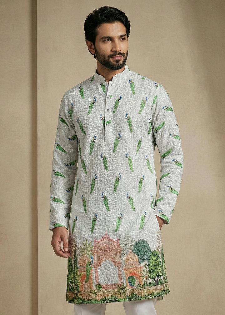 Grey &amp; Green cotton Printed Kurta Pajama Ensemble